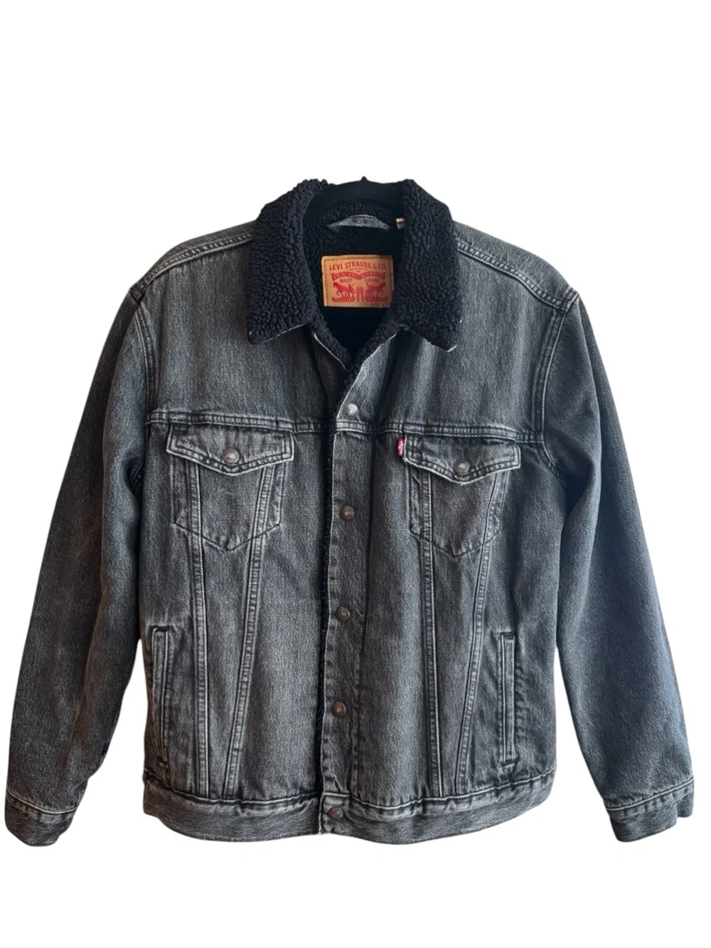 LEVIS SHERPA Jean Jacket Trucker Denim Stonewashed Cotton Black Warm Men's Large